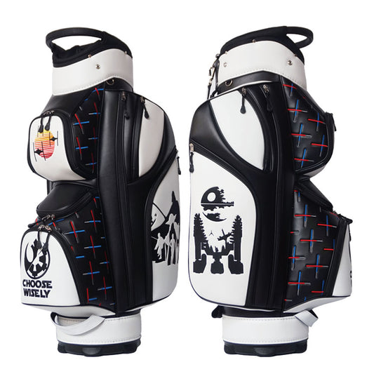 Starwars golf bag featuring Death Star, Darth Vader, R2D2, Yoda, lightsabres, X-Wing fighters