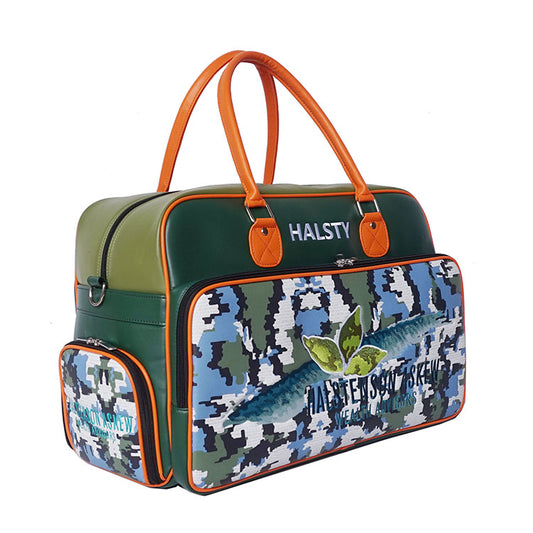 custom apparel bag with camo print, logo and name
