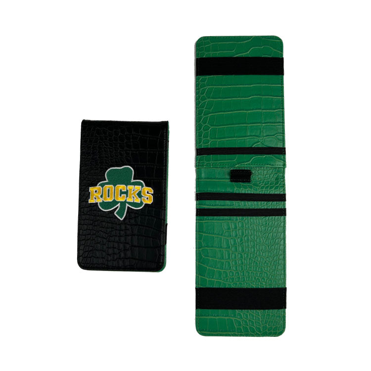 yardage book interior view with elastic band and pencil holder