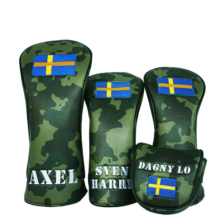 Custom Golf Head Covers Customised camo wood covers with Swedish flag and children names