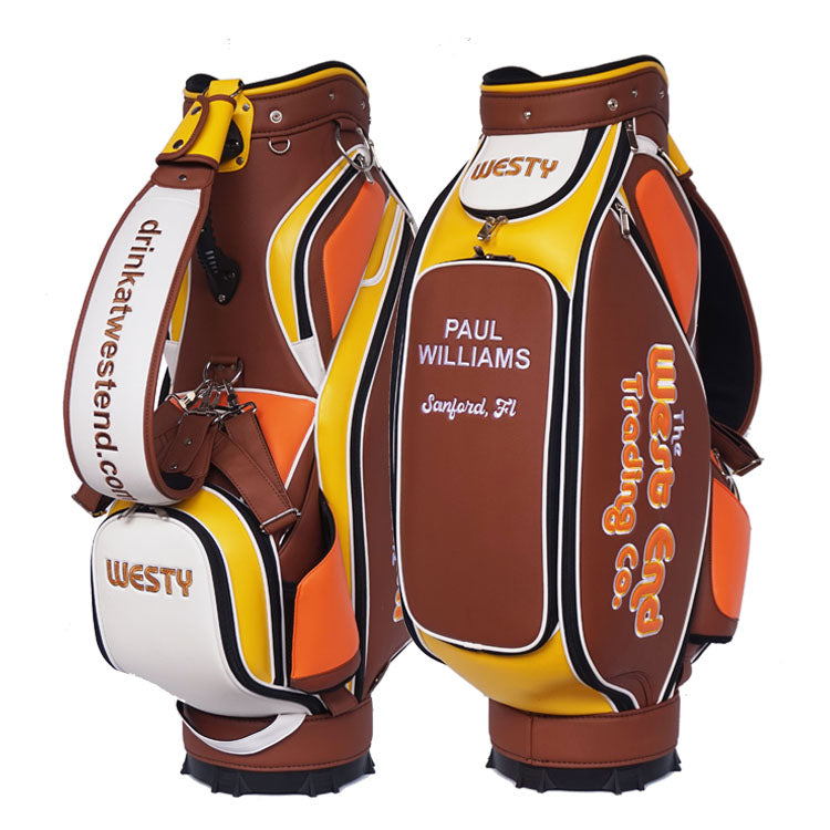 Golf bag club organizer with white, brown, yellow, orange leather materials