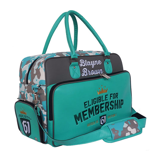 custom apparel bag with green camo print and company logos