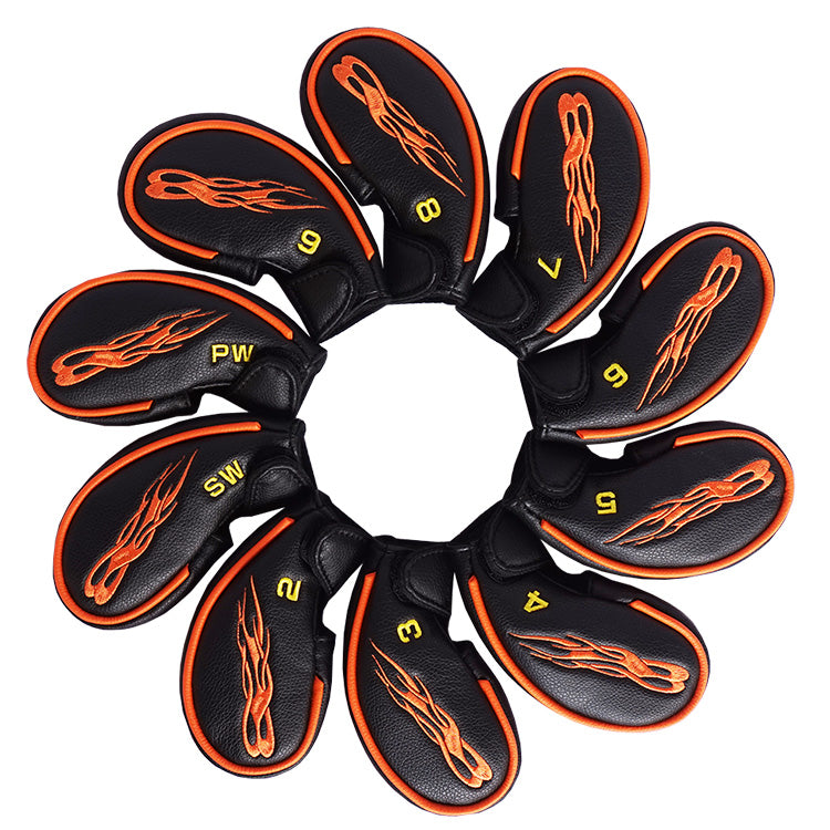 black Custom Golf Iron Covers Customized fire logo in orange