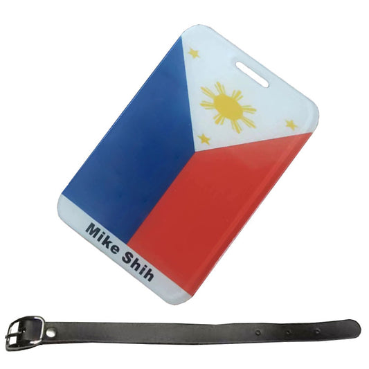 custom golf bag tag with player's name and national flag