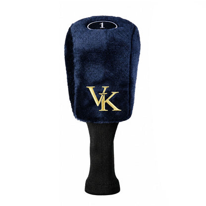 custom plush driver head cover with navy fabric and gold embroidery