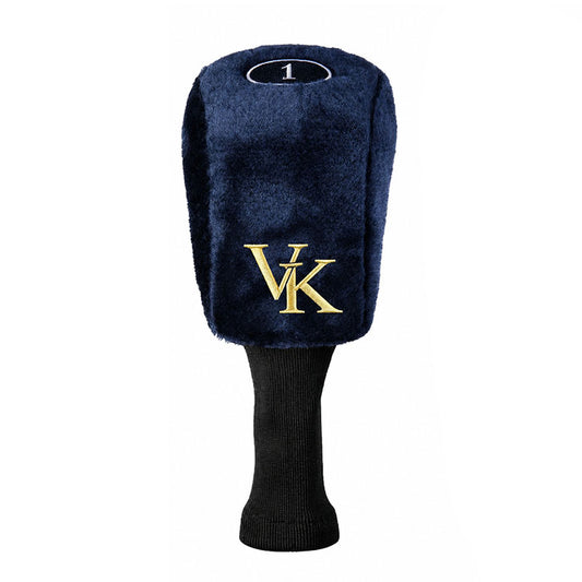 custom plush driver head cover with navy fabric and gold embroidery