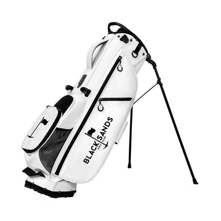 Custom embroidered Stand Golf Bag - white leather with black logo embroidery