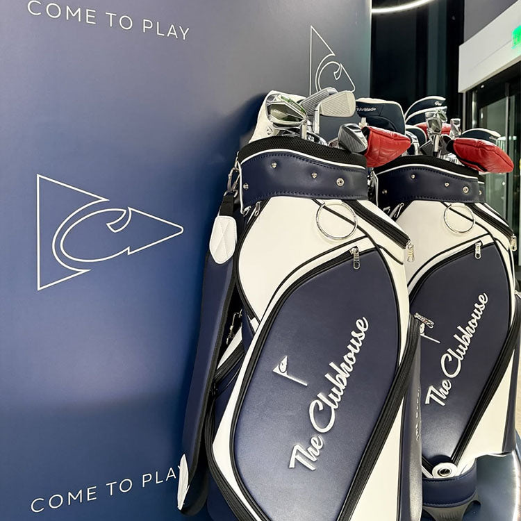 Custom Logo Bulk Order Golf Bags in the clubhouse indoor putt putt center