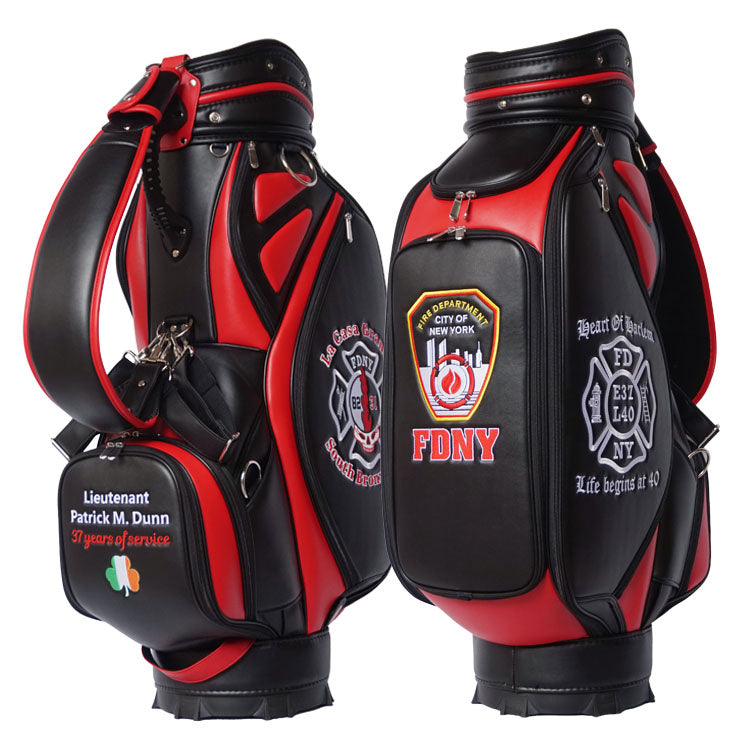 Custom Black and Red Leather Golf Staff Tour Bag – Personalized FDNY Lieutenant Design
