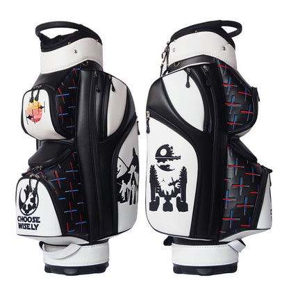Starwars golf bag featuring Death Star, Darth Vader, R2D2, Yoda, lightsabres, X-Wing fighters 