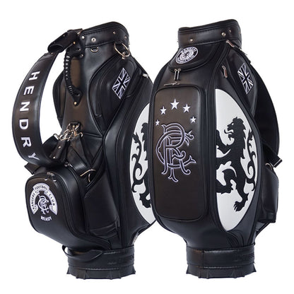 black and white leather golf bag with premium quality embroidered logo artwork