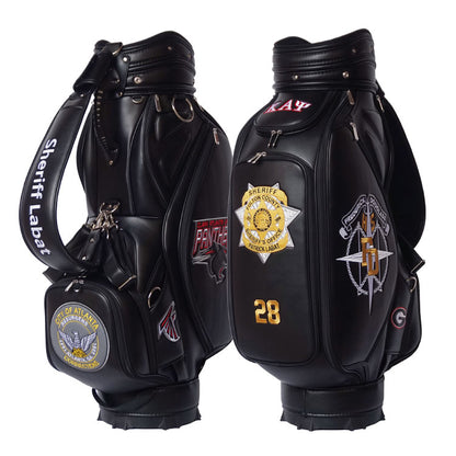black leather golf bag customized with logo and name