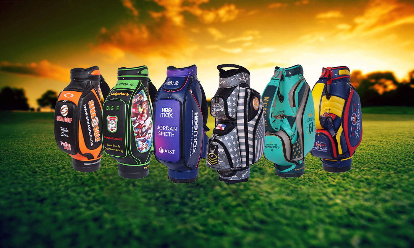 Custom golf bags with personalized logos, colors, and unique designs
