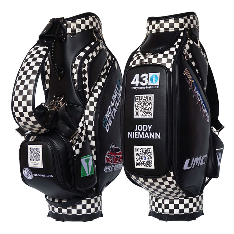 Custom tour golf bag with personalized QR code and checkerboard print design