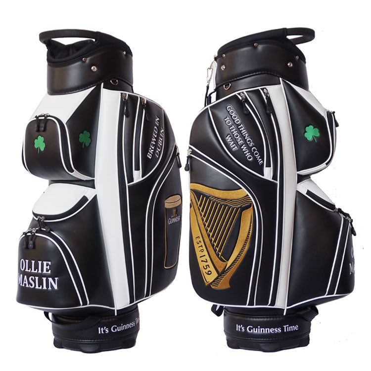 custom Guinness golf bag in black and white leather