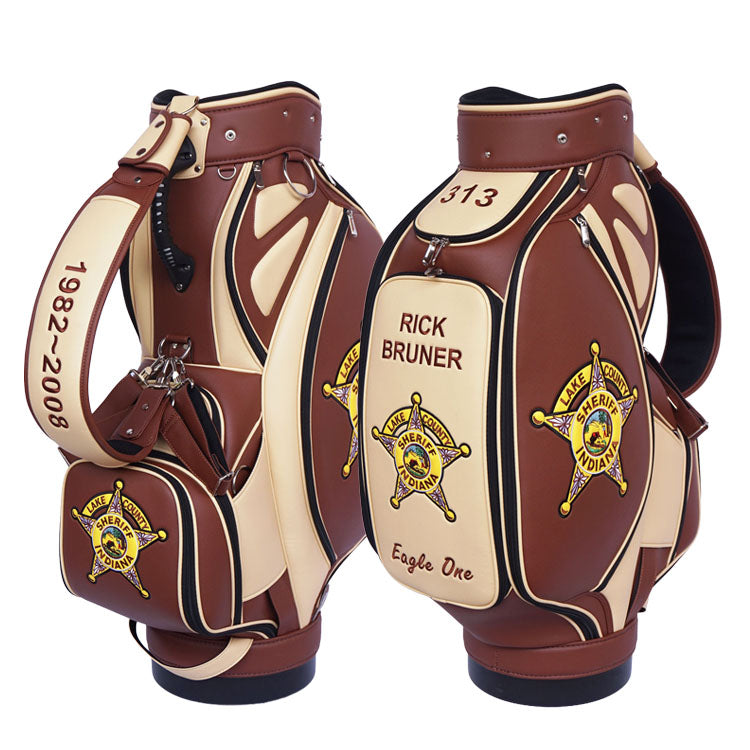 Brown Leather Custom Golf Bag with Personalized Sheriff Badge – Custom Golf Gift
