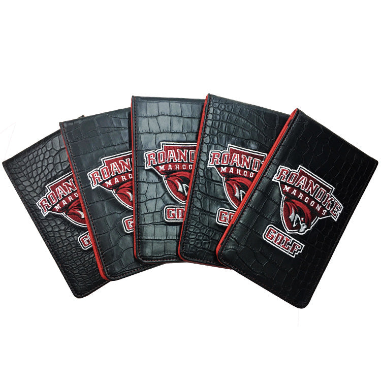 Custom Golf Yardage Book Covers - high school golf team logo and black alligator skin leather