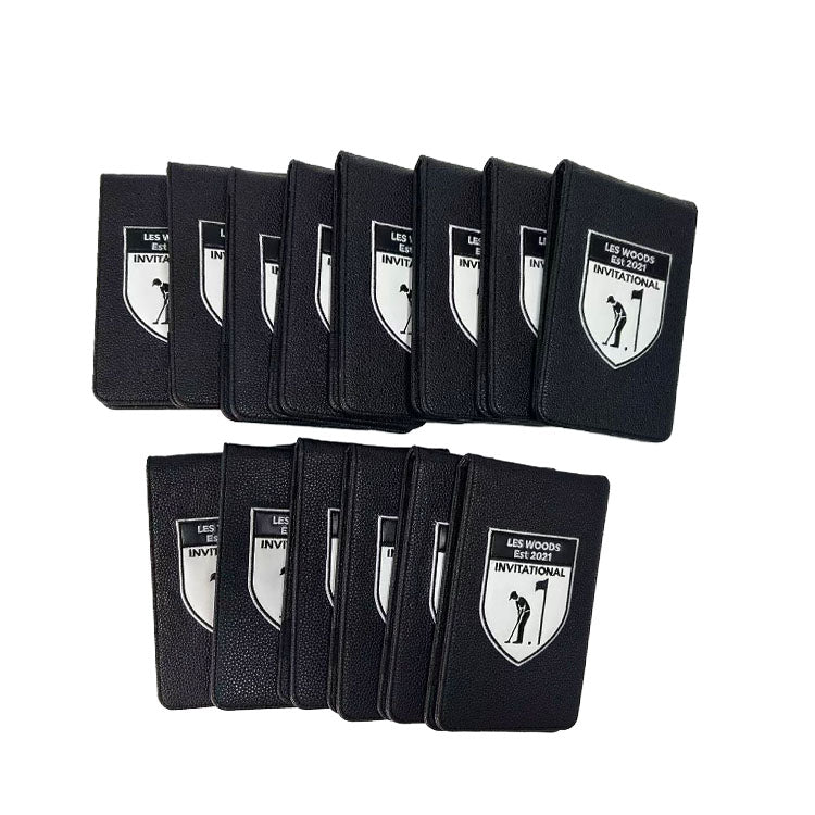 Leather golf yardage book cover with club logo