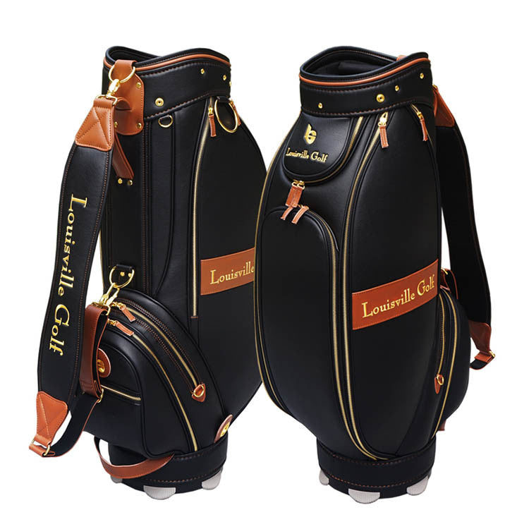 Light Weight Custom Golf Tour Bag TB04 with black and brown leather, gold zippers