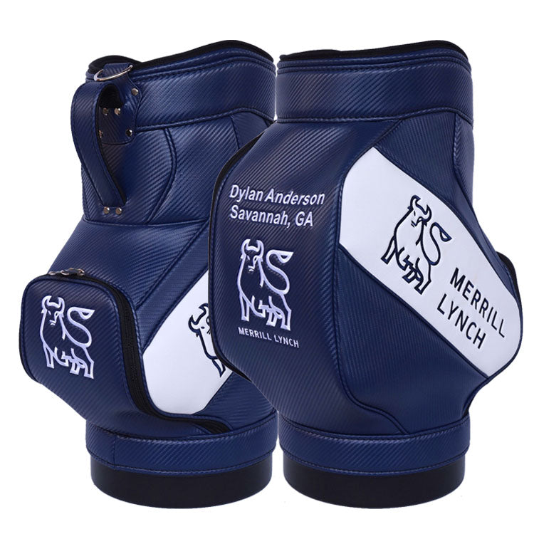 Custom Den Caddy Golf Bag with embroidered Merrill Lynch logo