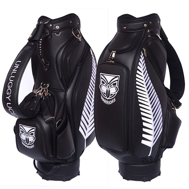 Black Leather Golf Bag in New Zealand Warriors logo