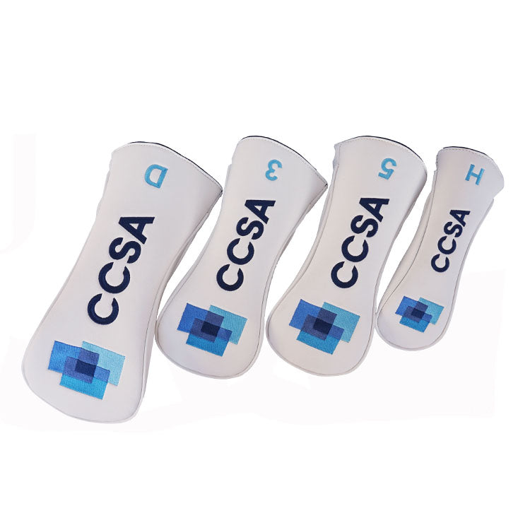 Custom Golf HeadCovers in white leather with business logo embroidery