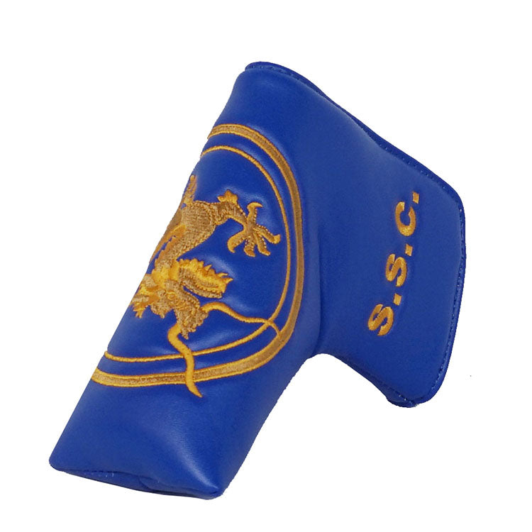 Custom logo Golf putter cover - blue leather gold embroidery