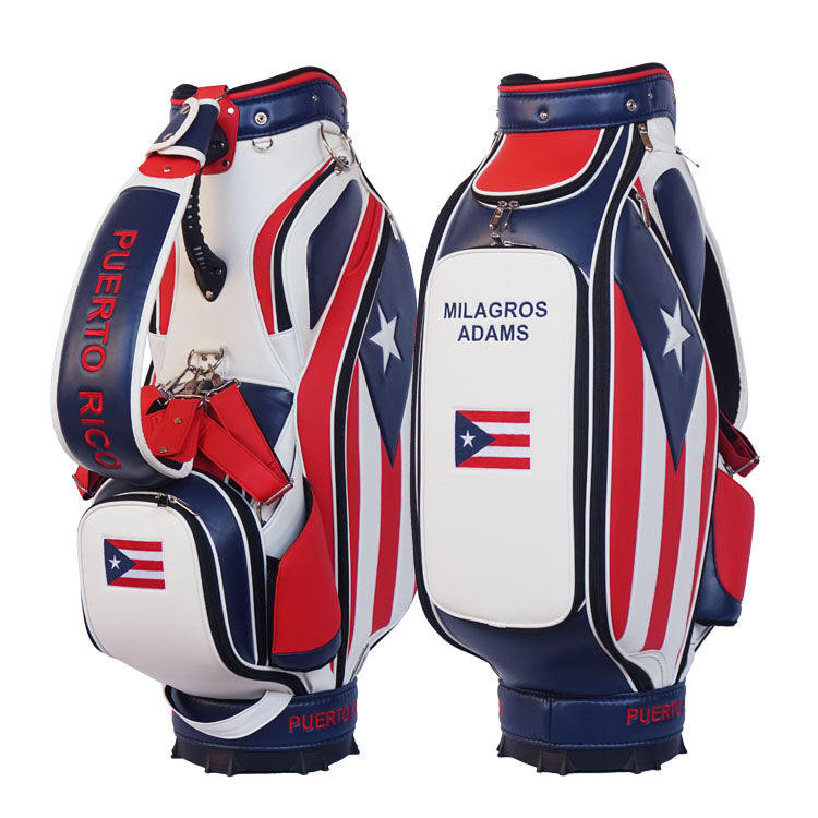 Custom Puerto Rico flag golf bag personalized with your name, logo, and colors.