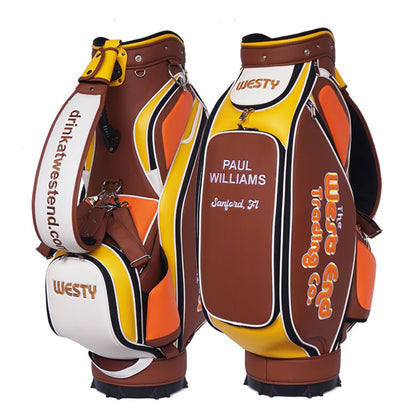 Golf bag club organizer with white, brown, yellow, orange leather materials 