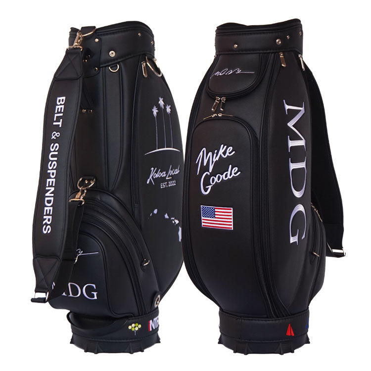 Monogrammed golf bag with black leather and white embroidered logos- mid size
