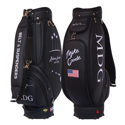 Monogrammed golf bag with black leather and white embroidered logos- mid size