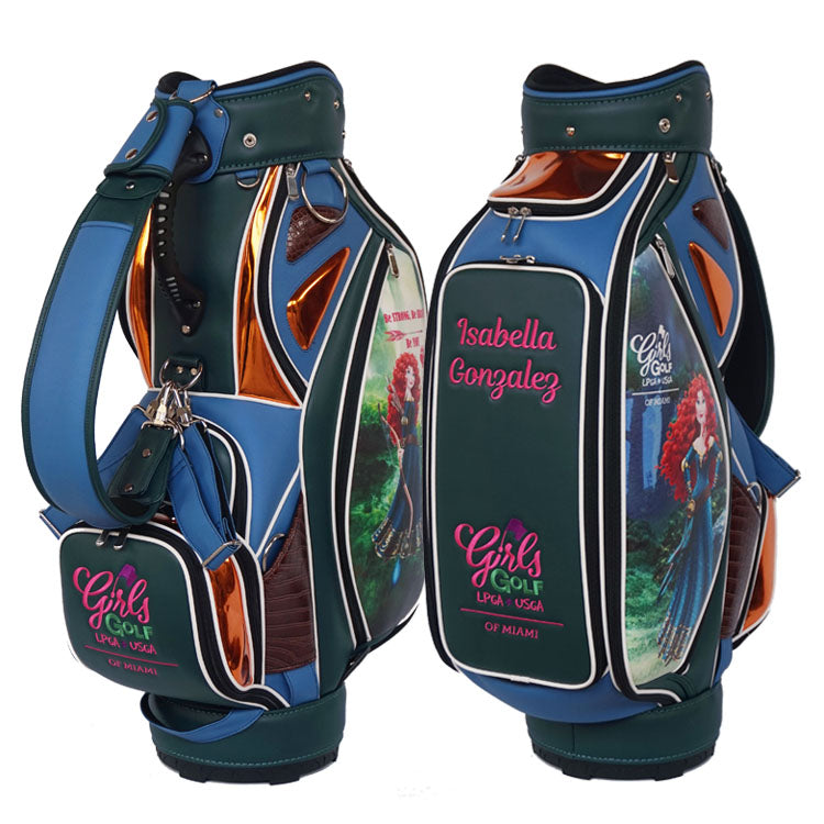 Personalized junior golf staff bag featuring custom artwork, logo and name