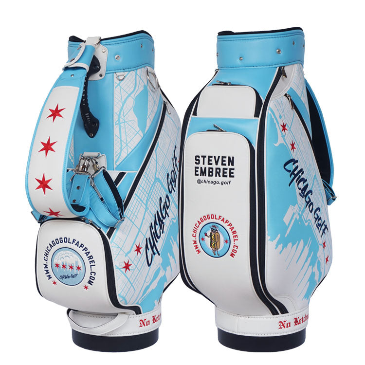 Personalized men's golf tour bag with custom artwork in Chicago theme