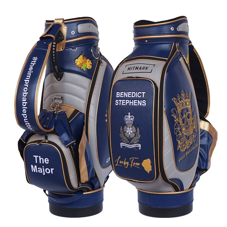 Professional golf staff bag with custom branding and artwork