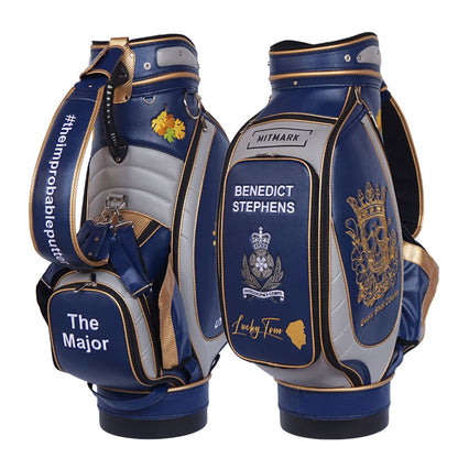 Professional golf staff bag with custom branding and artwork