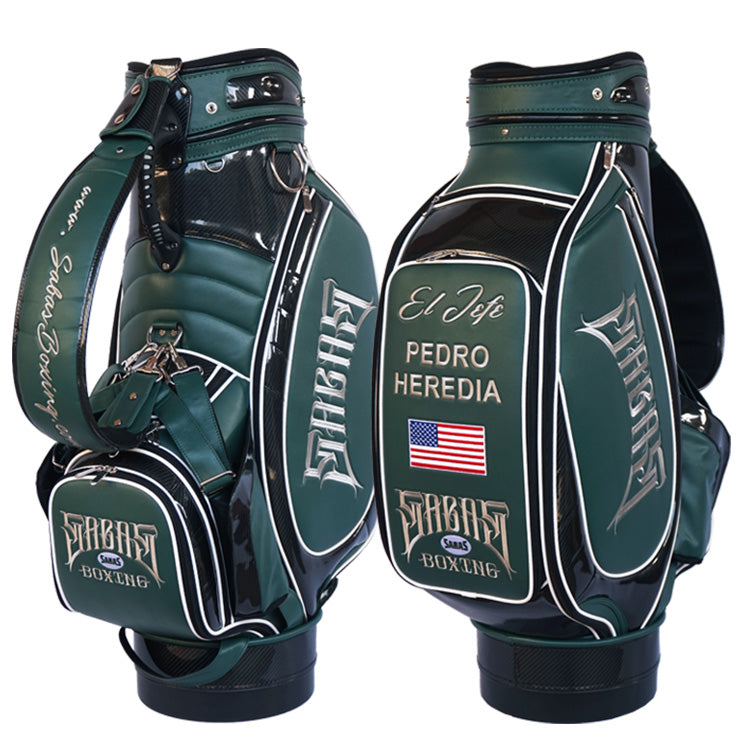 best golf tour bag model - gloss black and forest green, with US flag
