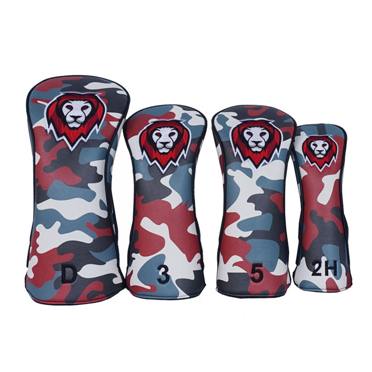 Custom Golf Head Covers with camo print and lion head embroidery