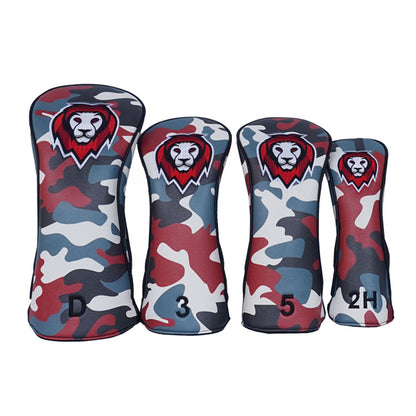 Custom Golf Head Covers with camo print and lion head embroidery