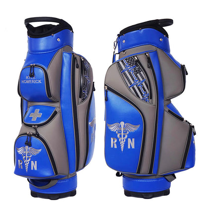 custom embroidered golf bag in blue and gray