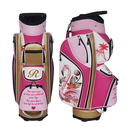 Custom Lady Golf Cart Bag Leather finish - white, gold, pink flamingo design and palms logo
