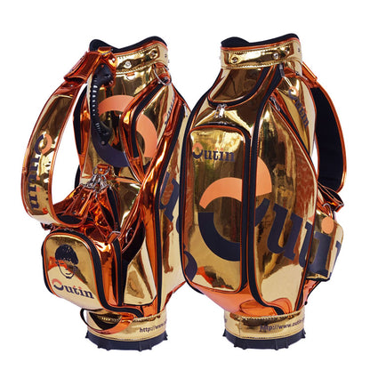 custom golf bag in metallic gold material with a shinny gloss effect 